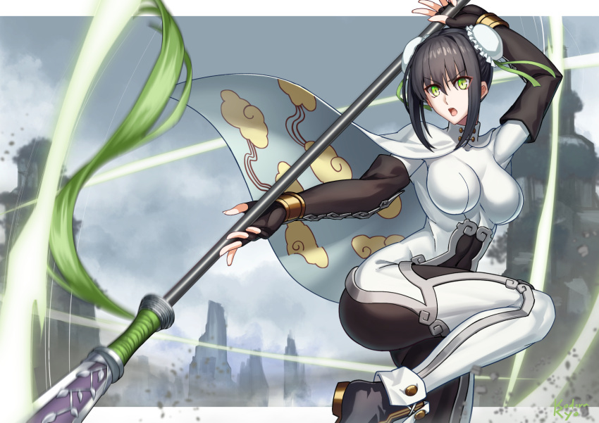 1girl black_hair bodysuit breasts bun_cover cape cloud_print double_bun fate/grand_order fate_(series) fighting_stance fingerless_gloves gloves green_eyes hair_bun highres holding holding_polearm holding_weapon kotera_ryou large_breasts leg_up polearm qin_liangyu_(fate) spear weapon
