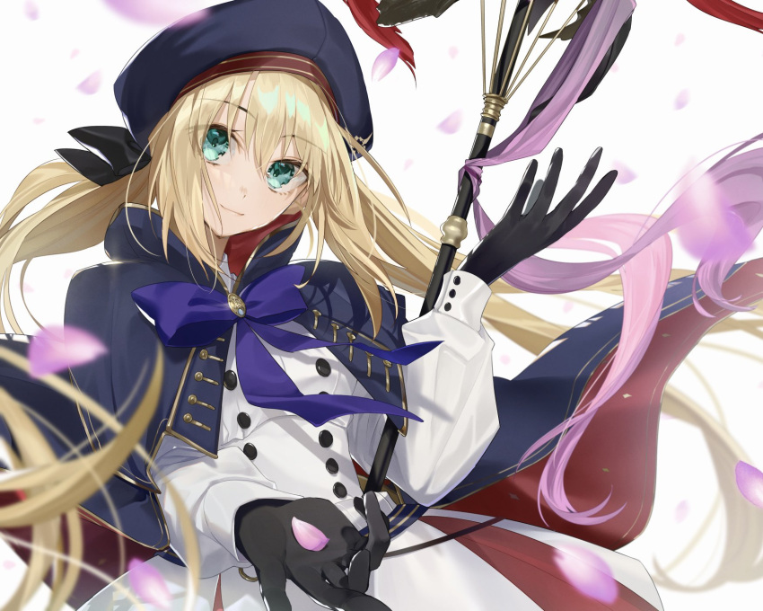 1girl artoria_caster_(fate) artoria_caster_(second_ascension)_(fate) artoria_pendragon_(fate) beret black_bow black_gloves blonde_hair blue_cloak blue_headwear bow buttons cloak collared_shirt fate/grand_order fate_(series) flower gem gloves gold_trim green_eyes green_gemstone hair_bow hat highres hino_hinako long_hair long_sleeves looking_back pink_flower pink_ribbon purple_bow ribbon shirt skirt smile solo staff twintails white_background white_shirt white_skirt