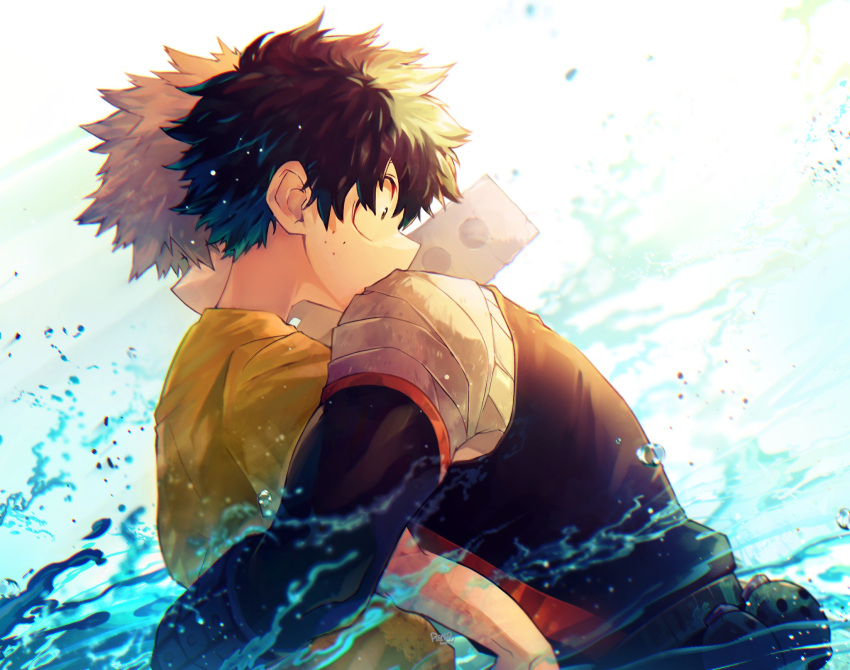 2boys age_difference aged_down artist_name bakugou_katsuki bandaged_arm bandages bare_shoulders belt black_sleeves black_tank_top blonde_hair bloom blurry blurry_background boku_no_hero_academia chromatic_aberration covered_mouth depth_of_field detached_sleeves explosive freckles from_side green_hair grenade head_on_another's_shoulder highres hug male_child male_focus midoriya_izuku multiple_boys profile ryo_(piggerworld) shirt short_hair short_sleeves sidelighting simple_background sleeveless spiky_hair splashing spoilers tank_top toned toned_male upper_body water water_drop white_background wide-eyed yellow_shirt