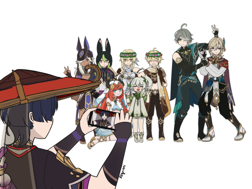3girls 6+boys aether_(genshin_impact) ahoge alhaitham_(genshin_impact) animal_ears arm_armor arm_up arms_up artist_name back baggy_pants bangs bare_shoulders belt black_footwear black_gloves black_hair black_pants black_shirt blonde_hair blue_belt blue_eyes blue_flower blue_gemstone blue_hair blue_shirt blue_skirt blunt_ends blurry blurry_background blush boots braid breasts brown_belt brown_hair brown_headwear brown_shirt brown_shorts brown_socks cellphone closed_mouth crop_top crystal cyno_(genshin_impact) dark-skinned_male dark_skin detached_sleeves diadem double_v dress earrings elbow_gloves feather_hair_ornament feathers flower fox_boy fox_ears full_body gem genshin_impact gladiator_sandals gloves gradient gradient_hair green_eyes green_gemstone green_hair grey_dress grey_footwear grey_hair grey_pants grey_scarf grey_shirt hair_between_eyes hair_flower hair_ornament hair_over_one_eye hand_on_another's_shoulder hand_up hands_up hat head_wreath heart heart_hair_ornament highres hime_cut holding holding_phone hood horns jewelry jingasa kaveh_(genshin_impact) light_brown_hair long_hair long_sleeves looking_at_another looking_to_the_side lumine_(genshin_impact) mandarin_collar medium_breasts multicolored_clothes multicolored_hair multicolored_shirt multiple_boys multiple_girls nahida_(genshin_impact) necklace nilou_(genshin_impact) no_shoes open_mouth pants phone pink_flower pointy_ears pom_pom_(clothes) ponytail puffy_long_sleeves puffy_sleeves purple_belt purple_flower red_eyes red_flower red_headwear redhead requinni sandals scaramouche_(genshin_impact) scarf shirt shoes short_hair short_hair_with_long_locks short_sleeves shorts side_ponytail sidelocks simple_background single_earring sitting skirt sleeveless sleeveless_dress smartphone smile socks standing star_(symbol) teeth tighnari_(genshin_impact) two-tone_hair two-tone_shirt upper_body v v-shaped_eyebrows veil violet_eyes vision_(genshin_impact) white_background wing_collar yellow_eyes yellow_flower yellow_footwear