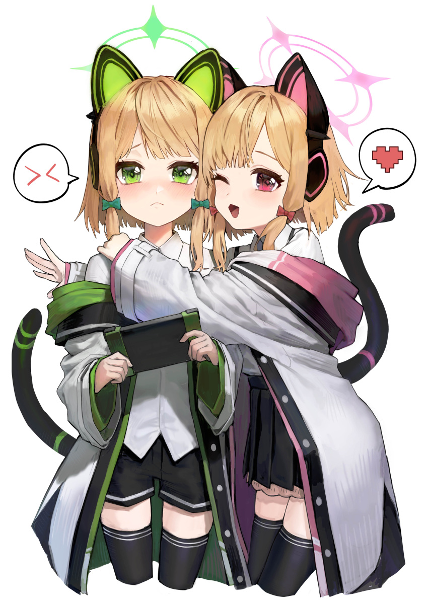 2girls :&lt; absurdres black_shorts black_skirt black_thighhighs blonde_hair blue_archive bow cat_ear_headphones cat_tail closed_mouth collared_shirt commentary fake_tail frown green_bow green_eyes hair_bow halo handheld_game_console headphones heart highres holding holding_handheld_game_console hug jacket kir_(khw66136132) midori_(blue_archive) momoi_(blue_archive) multiple_girls one_eye_closed open_mouth pink_bow pleated_skirt red_eyes shirt short_hair shorts siblings simple_background sisters skirt smile speech_bubble spoken_emoticon spoken_heart tail thigh-highs twins white_background white_jacket white_shirt