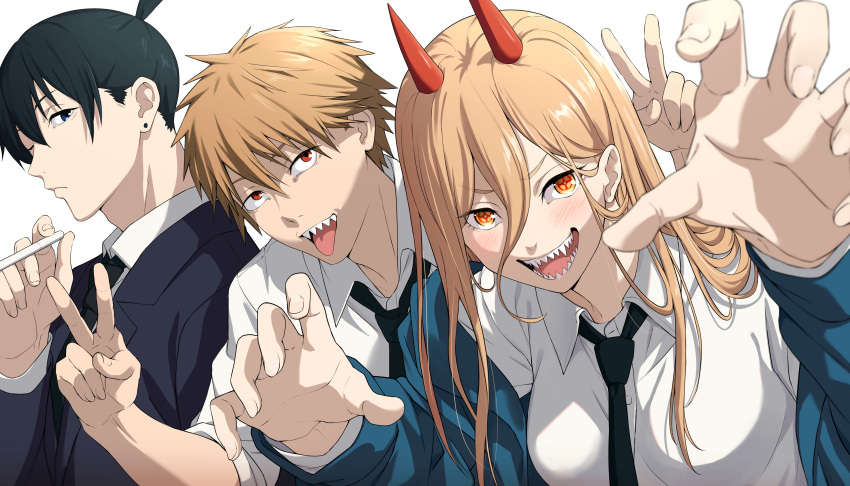 1girl 2boys absurdres bangs black_hair black_necktie blonde_hair blue_eyes blue_jacket blush breasts chainsaw_man cigarette collared_shirt commentary_request cross-shaped_pupils demon_horns denji_(chainsaw_man) earrings formal hair_between_eyes hand_up hands_up hayakawa_aki highres holding holding_cigarette horns jacket jewelry long_hair long_sleeves looking_at_viewer medium_breasts multiple_boys necktie one_eye_closed open_clothes open_jacket open_mouth power_(chainsaw_man) reaching_towards_viewer red_eyes red_horns sharp_teeth shirt short_hair simple_background sleeves_rolled_up suit symbol-shaped_pupils teeth tongue tongue_out topknot v white_background white_shirt yoshinatsu