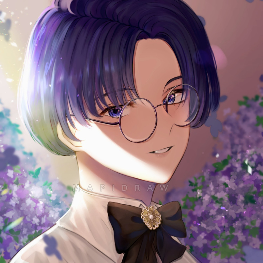 1boy artist_name bangs black_bow blurry bokeh bow brooch cardcaptor_sakura close-up depth_of_field deviantart_username english_commentary floral_background flower glasses grey-framed_eyewear highres hiiragizawa_eriol jewelry light looking_to_the_side mapidraw parted_bangs parted_lips plant purple_flower round_eyewear shiny shiny_hair shirt short_hair sunlight violet_eyes white_shirt