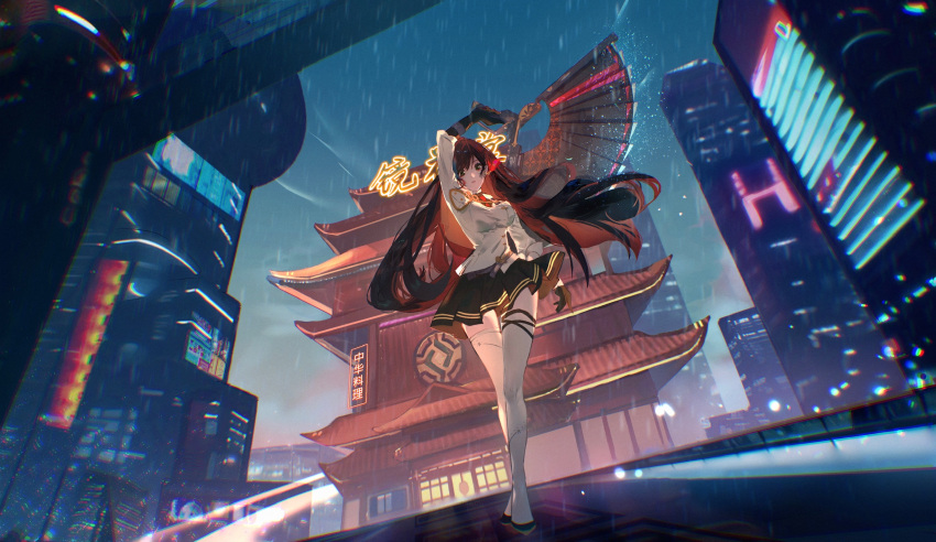 1girl architecture arm_up black_footwear black_hair black_skirt breasts brown_eyes building chinese_text east_asian_architecture floating_hair folding_fan full_body hand_fan highres holding holding_weapon large_breasts lin_(tower_of_fantasy) lips long_hair looking_at_viewer necktie neon_lights night outdoors pleated_skirt red_necktie rokku scenery shirt skirt skyscraper solo standing thigh-highs tower_of_fantasy very_long_hair weapon white_shirt white_thighhighs