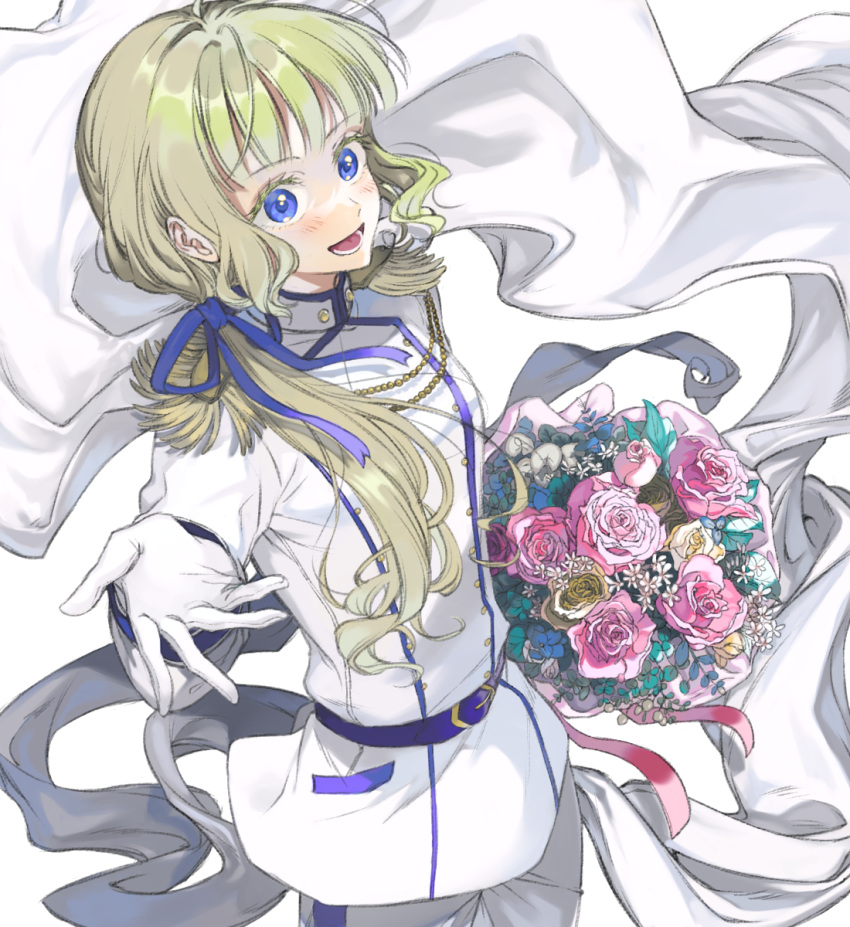 1girl aged_up aiguillette akinashi_0227 bangs belt blonde_hair blue_eyes blunt_bangs blush bouquet emilico_(shadows_house) flower gloves highres holding holding_bouquet jacket long_hair low_ponytail pants prince rose shadows_house solo white_gloves white_jacket