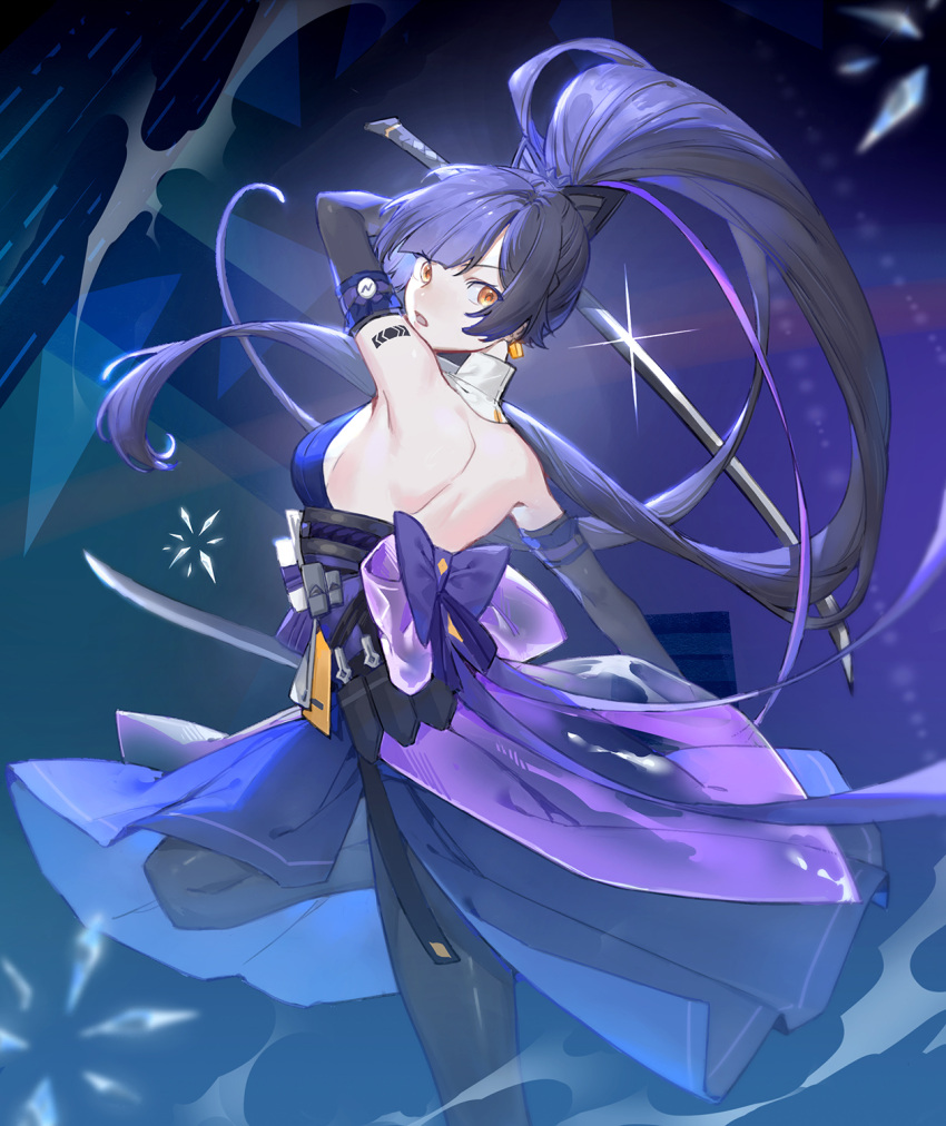 1girl armpits ear_piercing feet_out_of_frame highres holding holding_sword holding_weapon ice japanese_clothes katana kimono kunai leggings long_hair looking_at_viewer mealove1218 open_mouth piercing ponytail purple_hair ribbon saki_fuwa_(tower_of_fantasy) skirt solo sword tattoo tower_of_fantasy weapon yellow_eyes