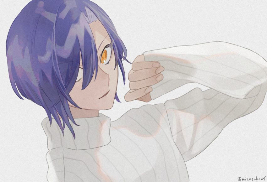 1boy hair_over_one_eye looking_at_viewer male_focus original parted_lips pinching_sleeves purple_hair short_hair simple_background sleeves_past_wrists smile solo suitei sweater turtleneck turtleneck_sweater upper_body white_background white_sweater yellow_eyes