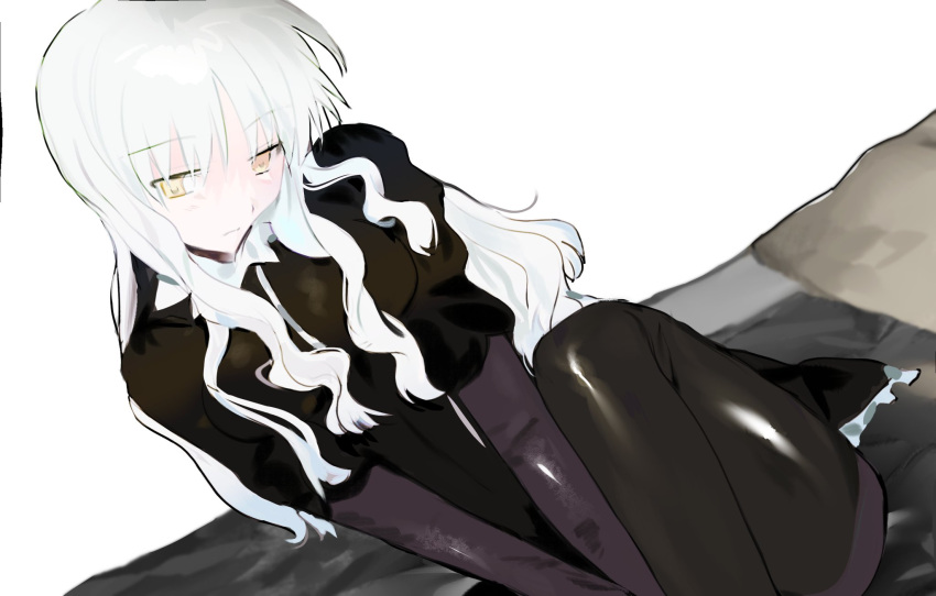 1girl bangs bed bed_sheet blush breasts caren_hortensia eyes_visible_through_hair fate/hollow_ataraxia fate/stay_night fate_(series) hair_between_eyes head_tilt highres laver_(1090792977) layered_sleeves leg_up long_hair long_sleeves looking_at_viewer medium_breasts on_bed own_hands_together pillow simple_background solo thigh-highs wavy_hair white_background white_hair yellow_eyes