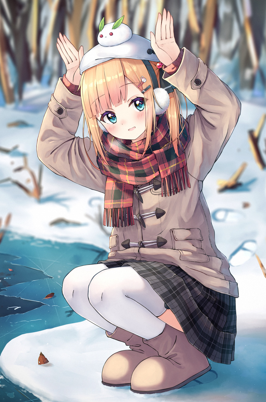 1girl arms_up beret blonde_hair blue_eyes blurry blurry_background blush boots brown_footwear brown_jacket bunny_pose commentary_request day depth_of_field earmuffs enuni fringe_trim full_body grey_skirt hair_ornament hairclip hat highres hoshino_sora_(enuni) ice jacket long_hair long_sleeves looking_at_viewer on_head original outdoors parted_lips plaid plaid_scarf plaid_skirt pleated_skirt rabbit_hair_ornament red_scarf scarf skirt sleeves_past_wrists snow snow_bunny solo squatting thigh-highs thighhighs_under_boots water white_headwear white_thighhighs