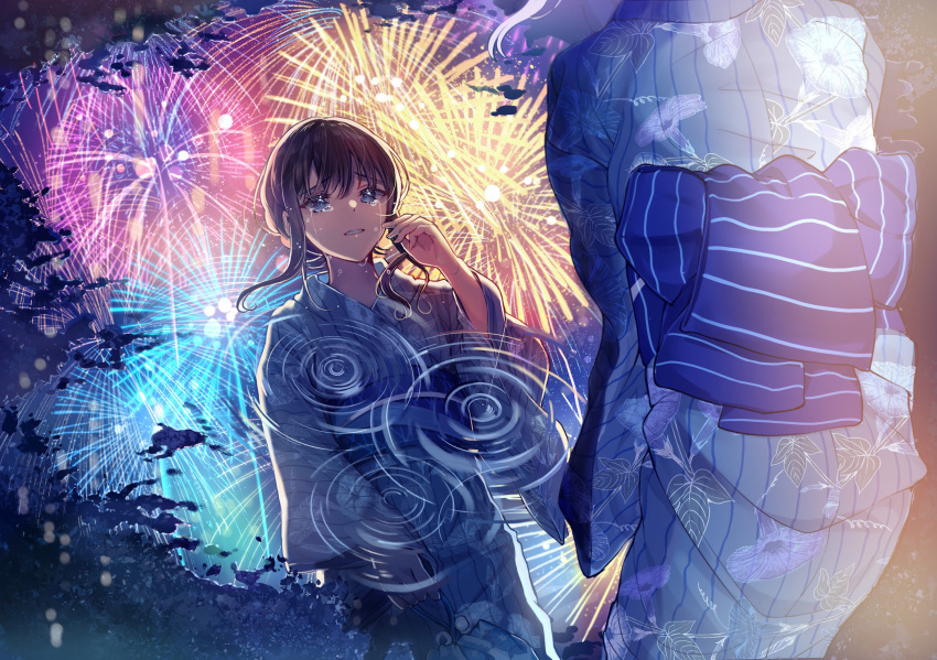 1girl bangs blue_eyes blue_kimono brown_hair commentary_request crying crying_with_eyes_open feet_out_of_frame fireworks gift hair_between_eyes highres holding holding_gift japanese_clothes kimono light long_sleeves looking_at_mirror looking_down medium_hair mirror night obi open_mouth original plant_print pond print_kimono reflection reflective_water ripples sakura_(39ra) sash shiny shiny_hair sidelocks solo standing tearing_up tears teeth water wide_sleeves yukata
