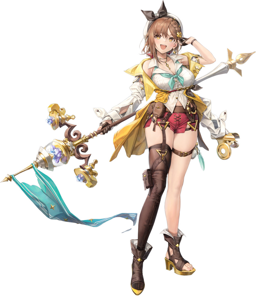 1girl artist_request asymmetrical_clothes asymmetrical_sleeves atelier_(series) atelier_ryza atelier_ryza_2 azur_lane bangs belt beret blue_neckerchief blush braid breasts brown_eyes brown_hair buttons dress_shirt earrings feet full_body garter_straps gloves gold_trim hair_ornament hairclip hand_up hat high_heels highres holding holding_staff jewelry key_necklace large_breasts leather leather_belt leather_gloves legs long_sleeves looking_at_viewer looking_away nail_polish neckerchief necklace official_art open_mouth pink_nails red_shorts reisalin_stout sandals shiny shiny_hair shirt short_hair short_shorts shorts single_thighhigh sleeveless sleeveless_shirt smile solo sparkle staff standing star_(symbol) teeth thick_thighs thigh-highs thigh_strap thighs toeless_footwear toenail_polish toenails toes transparent_background upper_teeth white_headwear white_shirt