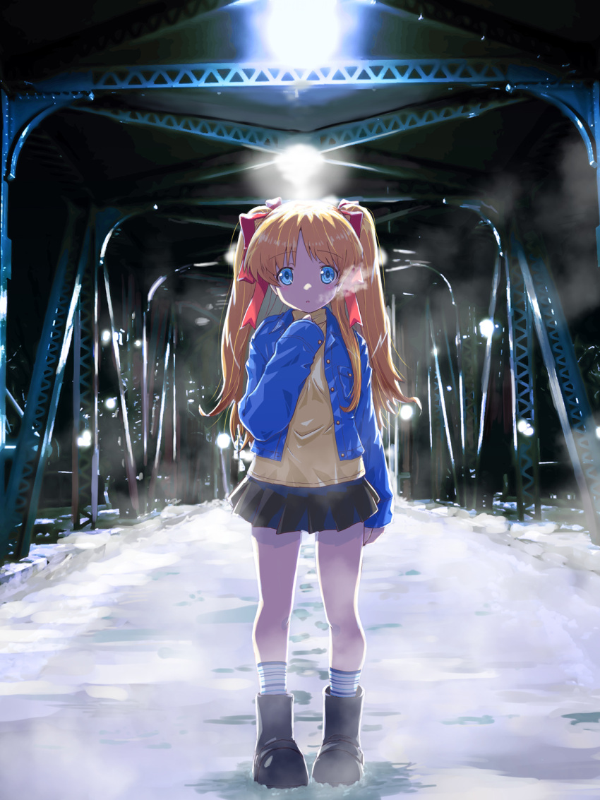 1girl akayama_yukihe black_skirt blue_eyes blue_jacket boots bridge brown_hair hair_ribbon highres jacket kanon legs long_hair looking_at_viewer red_ribbon ribbon sawatari_makoto shirt skirt snow socks solo striped striped_socks twintails yellow_shirt