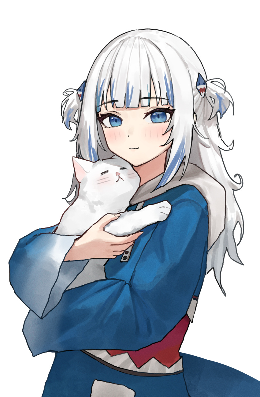 1girl :3 absurdres animal arch_05x bangs blue_dress blue_eyes blue_hair blue_hoodie blunt_bangs blush cat closed_mouth commentary dress english_commentary gawr_gura hair_ornament highres holding holding_animal holding_cat hololive hololive_english hood hood_down hoodie long_hair long_sleeves looking_at_viewer multicolored_hair shark_hair_ornament simple_background smile solo streaked_hair two-tone_hair two_side_up upper_body virtual_youtuber white_background white_cat white_hair wide_sleeves