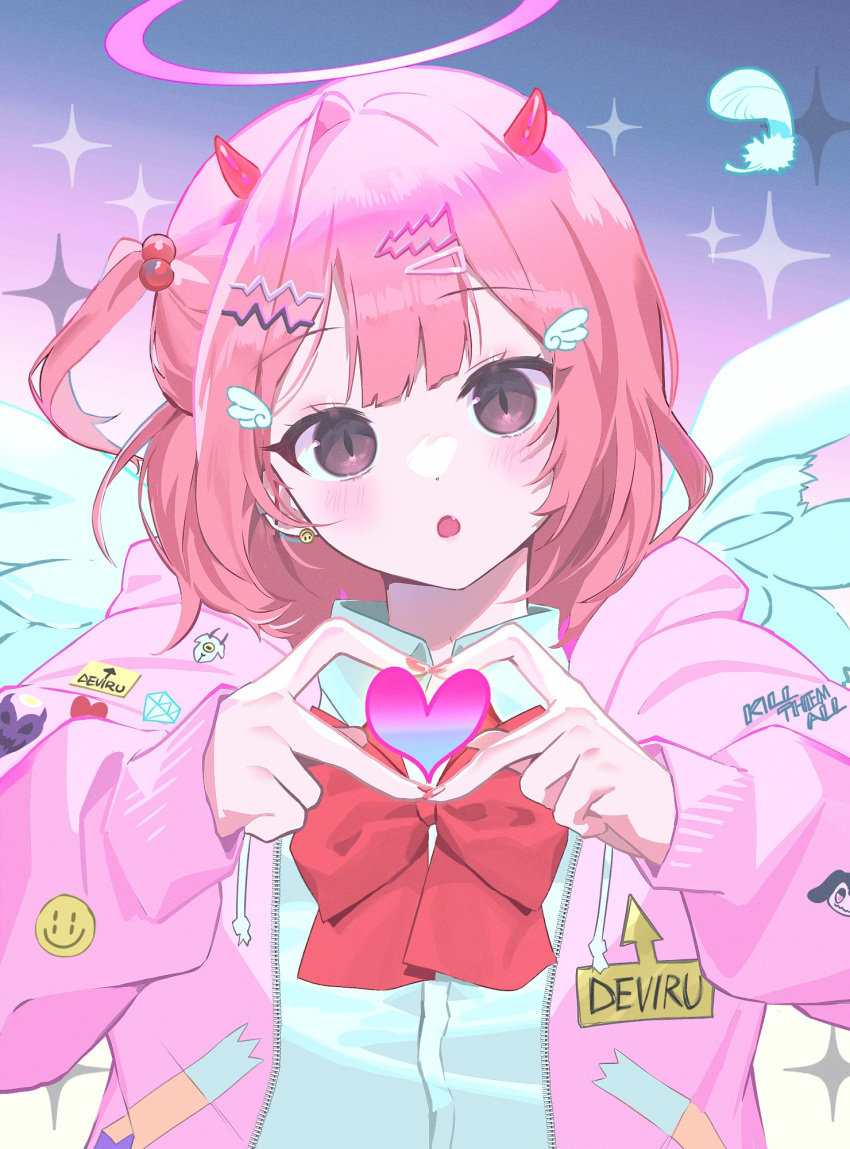 1girl :o bangs blush bow bowtie brown_eyes collared_shirt demon_horns feathered_wings feathers hair_ornament hairclip halo heart heart_hands highres horns jacket looking_at_viewer open_mouth original peeelow pink_hair pink_jacket red_bow red_bowtie shirt short_hair solo upper_body white_shirt white_wings wings