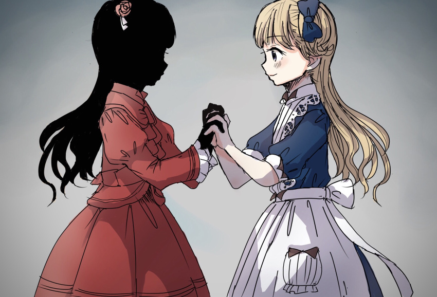 2girls apron blonde_hair blue_bow blue_dress blue_eyes blush bow center_frills chuchi closed_mouth commentary dress emilico_(shadows_house) flower frilled_apron frilled_sleeves frills from_side gradient gradient_background grey_background hair_bow hair_flower hair_ornament hair_ribbon highres holding_hands interlocked_fingers juliet_sleeves kate_(shadows_house) long_hair long_sleeves multiple_girls puffy_short_sleeves puffy_sleeves red_dress red_flower red_rose ribbon rose shadow_(shadows_house) shadows_house short_sleeves smile twintails two_side_up white_apron white_ribbon