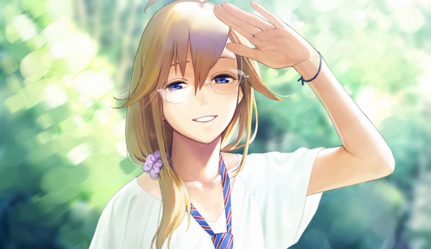 1girl amino_(tn7135) arm_up bangs blue_eyes brown_hair collarbone eyebrows_hidden_by_hair glasses hair_between_eyes hairband long_hair looking_at_viewer necktie open_mouth original outdoors shirt smile solo sunlight upper_body