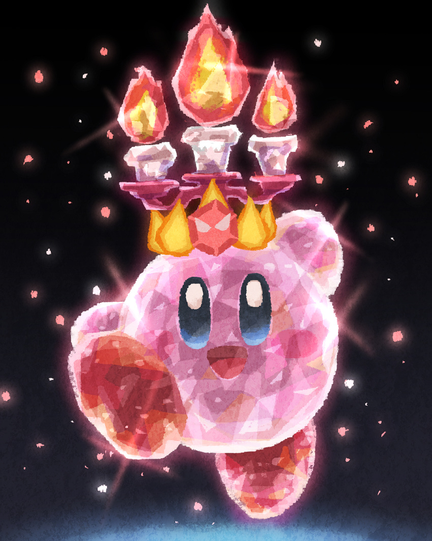 black_background blush candle crown crystal fire gem happy highres kirby kirby's_dream_land kirby_(series) looking_at_viewer miclot no_humans open_mouth pokemon pokemon_(game) pokemon_sv simple_background sparkle terastal tongue
