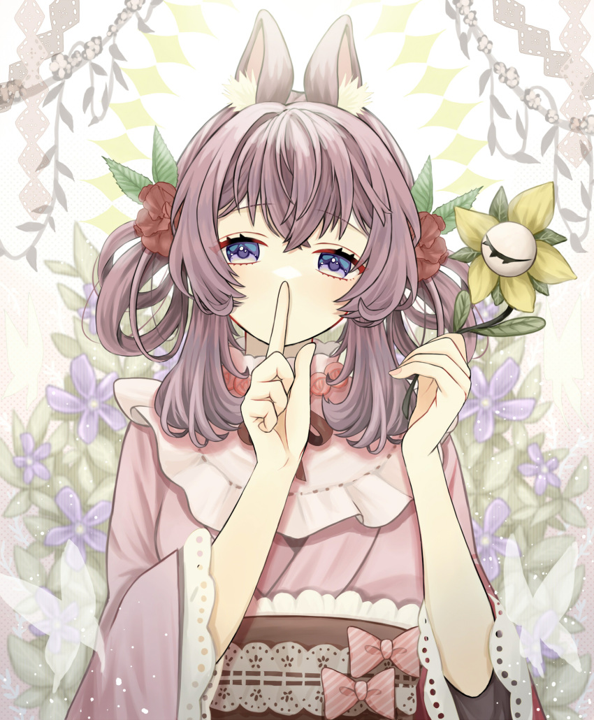 1girl animal_ear_fluff animal_ears bangs blue_eyes bow brown_ribbon brown_sash bug butterfly closed_eyes covered_mouth crossed_bangs disembodied_eye finger_to_mouth floral_background flower flower_trim hair_between_eyes hair_flower hair_ornament hair_rings highres holding holding_flower japanese_clothes kimono lace-trimmed_sleeves lace_trim looking_at_viewer medium_hair neck_ribbon obi original pink_background pink_bow pink_kimono plant polka_dot polka_dot_background purple_flower purple_hair rabbit_ears red_flower ribbon sash shushing sidelocks solo striped striped_bow upper_body vines wonwon_owo_v yellow_flower
