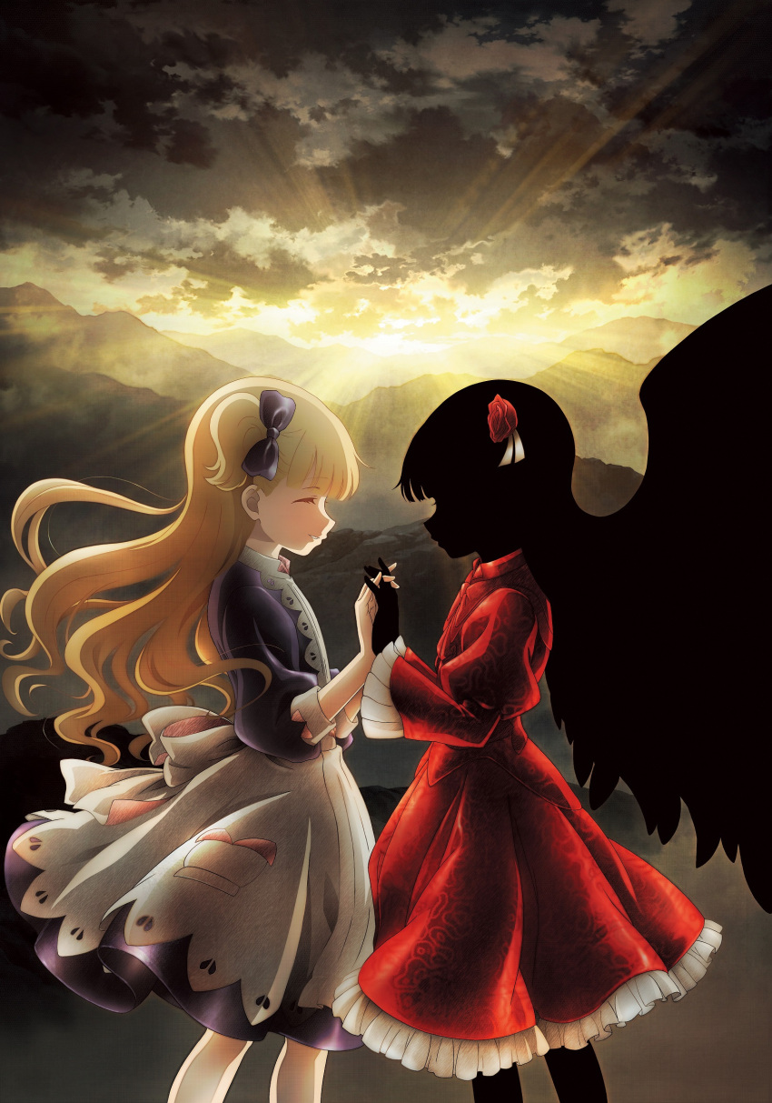 2girls apron bangs black_hair black_skin black_wings blonde_hair blu-ray_cover blue_bow blue_dress blue_eyes blunt_bangs bow clouds cloudy_sky cloverworks colored_skin cover dress emilico_(shadows_house) flower hair_bow hair_flower hair_ornament highres holding_hands kate_(shadows_house) long_hair long_sleeves multiple_girls official_art profile red_dress red_flower red_rose rose shadow_(shadows_house) shadows_house sky smile sunlight two_side_up white_apron wings