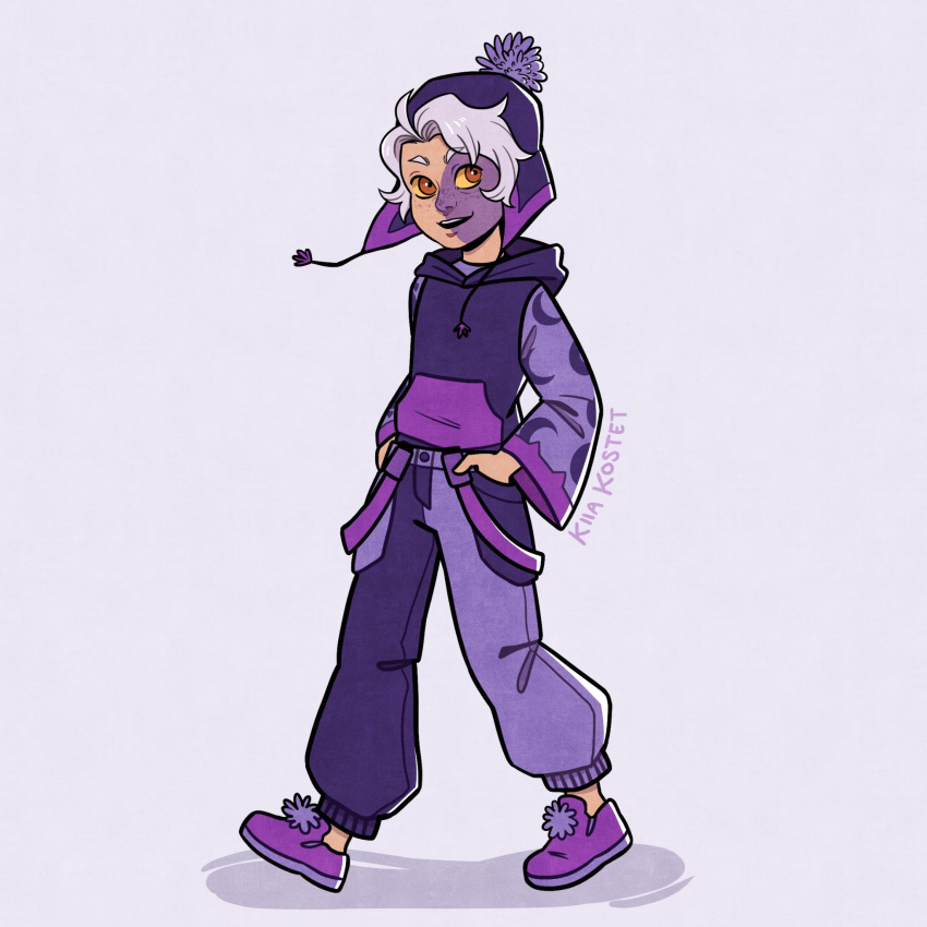 1boy 1other artist_name crescent_print freckles full_body hands_in_pockets hat highres hood hoodie kiiakostet male_child male_focus pants purple_headwear purple_pants red_eyes shoes simple_background smile solo teeth the_collector_(the_owl_house) the_owl_house upper_teeth white_hair