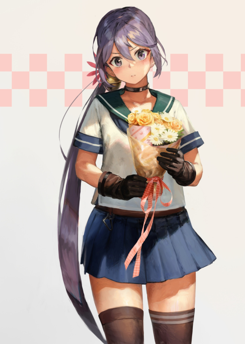 1girl 9-ga akebono_(kancolle) akebono_kai_ni_(kancolle) bangs bell black_choker black_gloves black_thighhighs blue_skirt bouquet choker closed_mouth commentary_request flower gloves hair_bell hair_between_eyes hair_flower hair_ornament highres holding holding_bouquet jingle_bell kantai_collection long_hair looking_at_viewer pink_flower pleated_skirt purple_hair sailor_collar school_uniform serafuku short_sleeves side_ponytail simple_background skirt solo thigh-highs very_long_hair violet_eyes