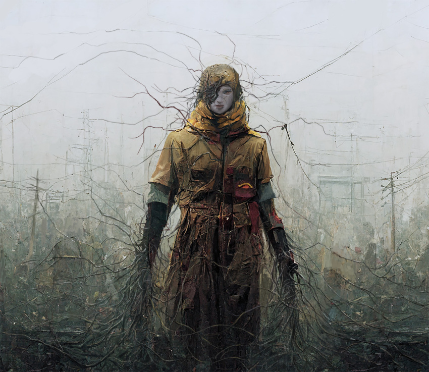 1other body_horror clouds cloudy_sky creature hiropon_(kohei_hirose) horror_(theme) jacket original outdoors power_lines roots sky transmission_tower utility_pole yellow_headwear yellow_jacket