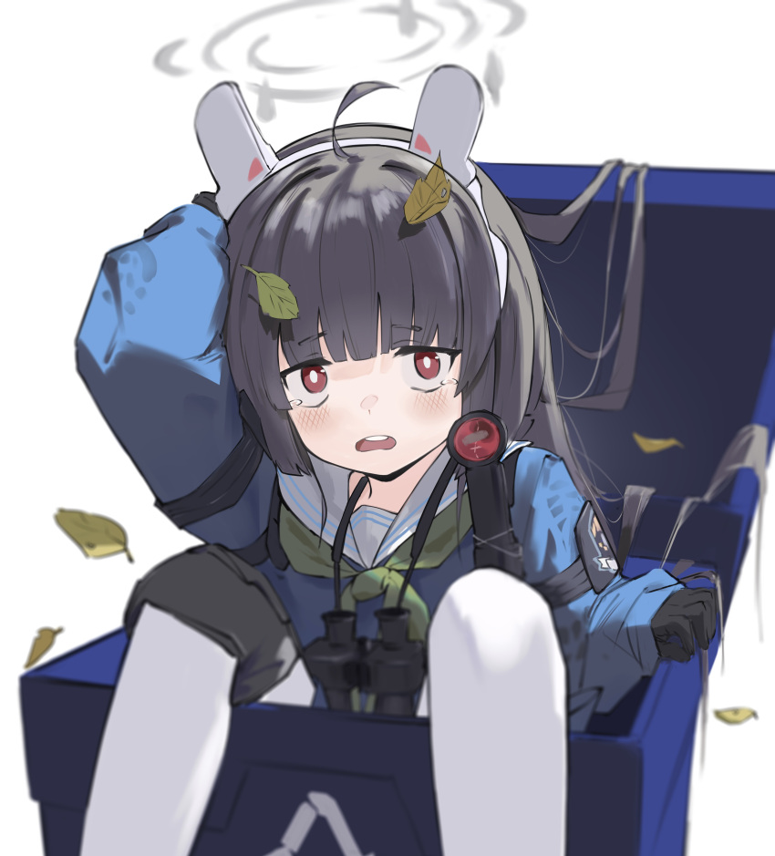 1girl absurdres ahoge animal_ears bangs binoculars black_gloves black_hair blue_archive blue_serafuku blue_shirt blue_skirt blunt_bangs blurry blurry_foreground blush bright_pupils commentary fake_animal_ears gloves green_neckerchief halo highres knees_up leaf leaf_on_head long_hair long_sleeves looking_at_viewer miyu_(blue_archive) neckerchief open_mouth pantyhose rabbit_ears recycle_bin red_eyes sailor_collar school_uniform serafuku shirt simple_background sitting skirt solo suzukasuraimu tears teeth upper_teeth white_background white_pantyhose white_pupils white_sailor_collar