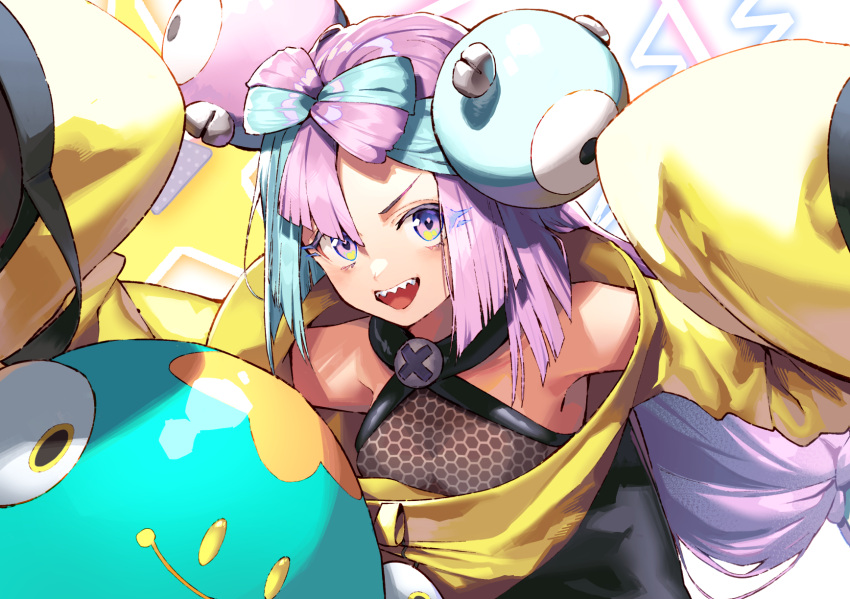 1girl bellibolt black_cola bow-shaped_hair character_hair_ornament hair_ornament hexagon_print highres iono_(pokemon) jacket long_hair low-tied_long_hair multicolored_hair oversized_clothes pokemon pokemon_(game) pokemon_sv sharp_teeth sleeves_past_fingers sleeves_past_wrists split-color_hair teeth twintails very_long_sleeves x yellow_jacket