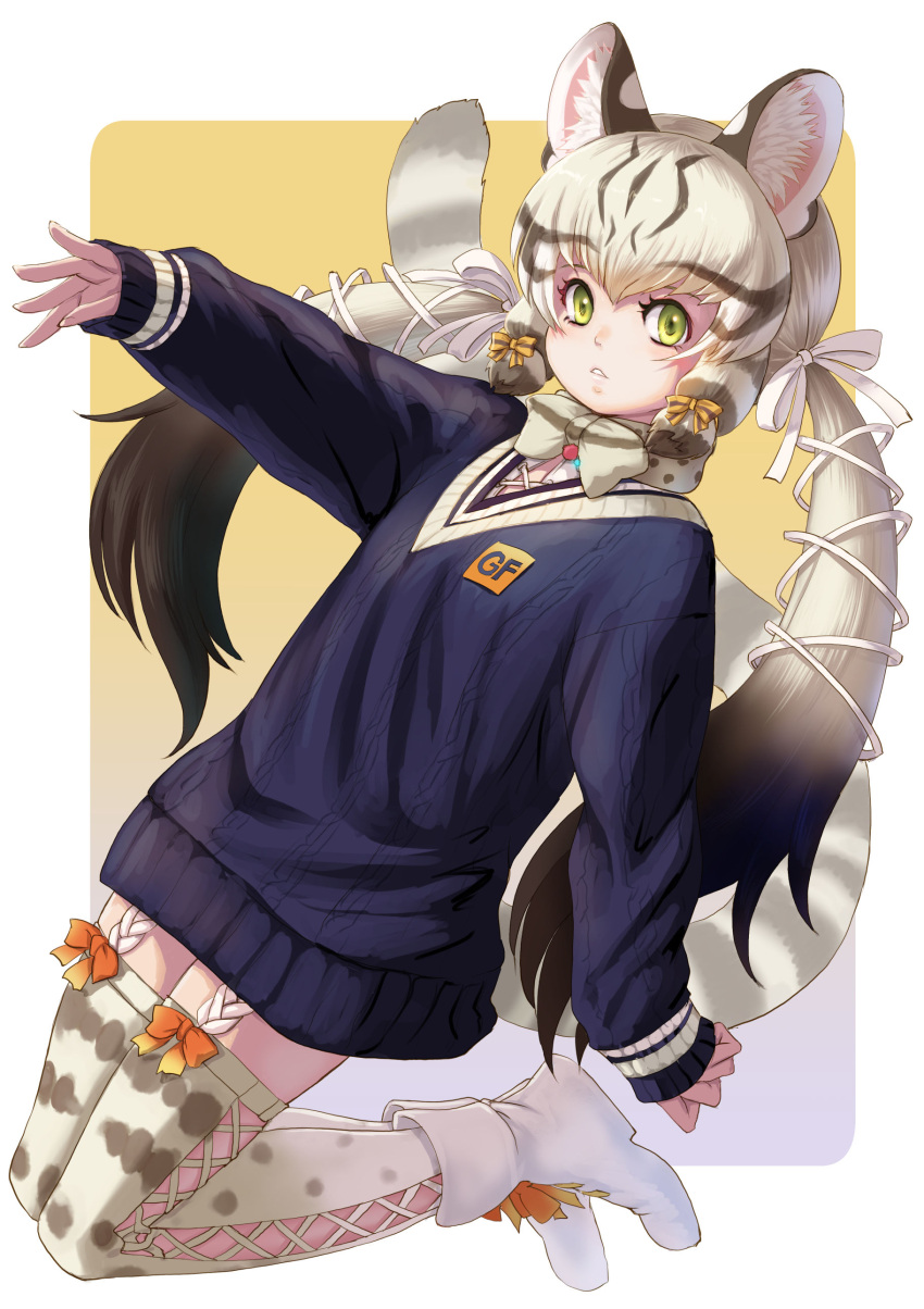 1girl absurdres animal_costume animal_ear_fluff animal_ears bow bowtie cat_ears cat_girl cat_tail closed_mouth extra_ears geoffroy's_cat_(kemono_friends) green_eyes highres kemono_friends kemono_friends_v_project kneehighs kosai_takayuki long_hair looking_at_viewer microphone multicolored_hair ribbon shoes simple_background socks solo sweater tail twintails virtual_youtuber