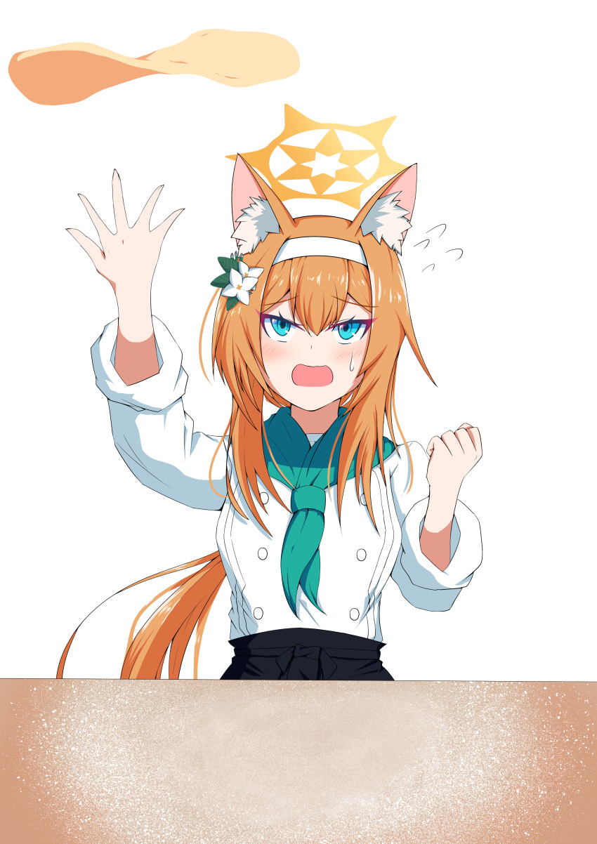 1girl :o absurdres alternate_costume animal_ears bangs blue_archive blue_eyes cat_ears cat_girl chef_uniform commentary_request dough flower flying_sweatdrops food hair_between_eyes hair_flower hair_ornament hairband halo highres long_hair long_sleeves looking_up low_twintails mari_(blue_archive) orange_hair pizza sidelocks simple_background solo sweatdrop taisa throwing twintails white_background