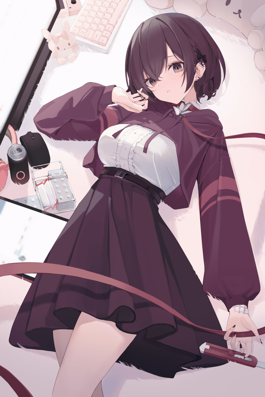 1girl bangs belt black_belt black_bow black_eyes black_nails bow boxcutter breasts brown_hair can cowboy_shot ear_piercing hair_between_eyes hair_bow hair_ornament hand_up head_tilt high-waist_skirt highres keyboard_(computer) large_breasts long_sleeves looking_at_viewer mizu_(lzzrwi603) mouse_(computer) original parted_lips piercing pleated_skirt shirt shirt_tucked_in short_hair skirt solo stuffed_animal stuffed_toy swept_bangs thighs white_shirt