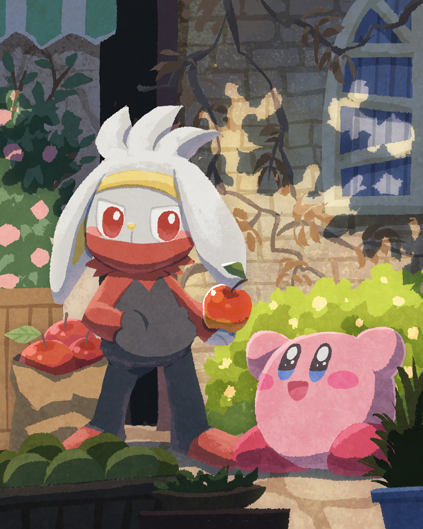 apple blush bush flower food fruit garden happy headband highres kirby kirby's_dream_land kirby_(series) long_sleeves looking_at_another miclot no_humans open_mouth outdoors pants plant pokemon potted_plant raboot red_eyes scarf sparkle sparkling_eyes tongue vines window