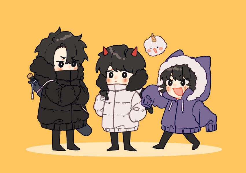 2boys alternate_costume animal_hood bangs black_coat black_eyes black_hair black_pants blush bright_pupils cellphone chibi chocorocotan closed_mouth coat commentary covered_mouth creature crossed_arms english_commentary fang full_body fur_trim han_sooyoung hand_in_pocket highres holding holding_phone hood hood_up horns kim_dokja long_sleeves looking_at_another looking_at_phone mole mole_under_eye multiple_boys omniscient_reader's_viewpoint open_mouth pants phone purple_coat red_horns shin_yoosung short_hair simple_background sleeves_past_fingers sleeves_past_wrists smartphone smile standing white_coat white_pupils winter_clothes yellow_background yoo_joonghyuk