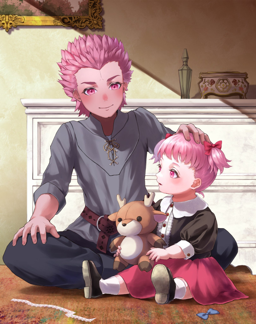 1boy 1girl aged_down black_shirt brother_and_sister crossed_legs fire_emblem fire_emblem:_three_houses fire_emblem_warriors:_three_hopes hair_ribbon headpat highres hilda_valentine_goneril holding holding_stuffed_toy holst_sigiswald_goneril looking_at_another luiana_drawers miran_(olivine_20) on_floor parted_lips pink_eyes pink_hair pink_skirt ribbon shirt short_twintails siblings sitting skirt smile spiky_hair stuffed_animal stuffed_deer stuffed_toy twintails