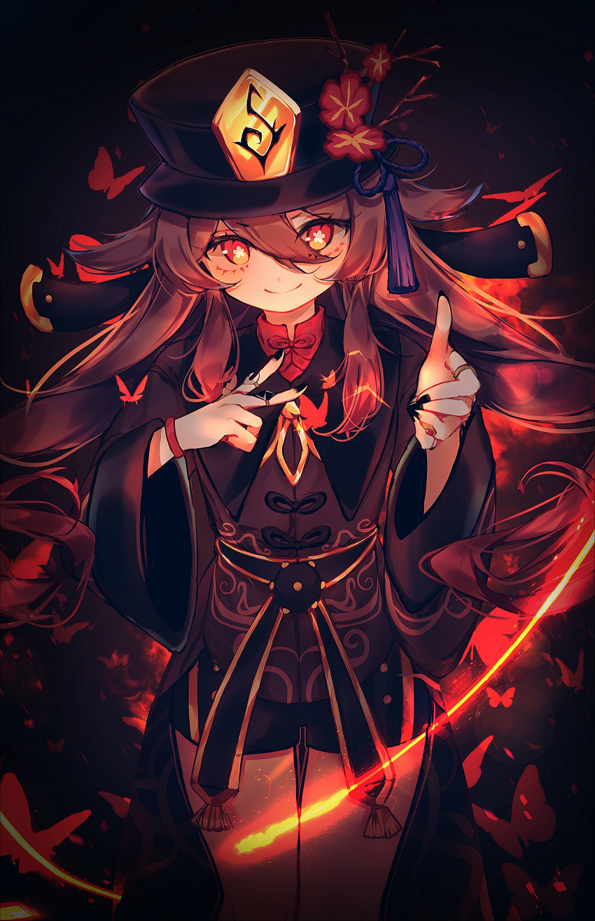 1girl absurdres bangs blush bracelet branch brown_hair bug butterfly chinese_clothes flower flower-shaped_pupils genshin_impact glowing hair_flaps hat high_collar highres hu_tao_(genshin_impact) jewelry long_hair long_sleeves looking_at_viewer modohwa multiple_rings nail_polish orange_eyes plum_blossoms porkpie_hat reaching_towards_viewer ring sash shorts smile solo straight-on symbol-shaped_pupils tassel_hat_ornament thigh_gap v very_long_hair wide_sleeves