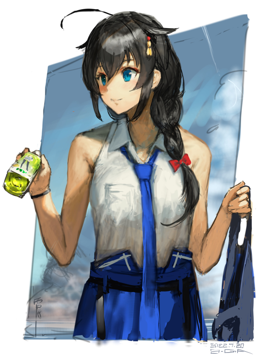 1girl 9-ga ahoge bag bangs black_hair blue_eyes blue_necktie bottle braid breast_pocket breasts clouds commentary_request hair_between_eyes hair_flaps hair_ornament hair_over_shoulder hair_ribbon highres holding holding_bag holding_bottle kantai_collection long_hair necktie official_alternate_costume outdoors pocket red_ribbon ribbon shigure_(kancolle) shigure_kai_ni_(kancolle) shirt single_braid skirt sky sleeveless sleeveless_shirt smile solo white_shirt