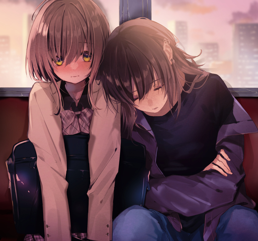 2girls bag black_hair blush bow bowtie brown_hair closed_eyes ear_piercing embarrassed enomoto_nao facing_viewer highres jacket leaning_on_person long_hair multiple_girls off_shoulder original pants piercing school_bag short_hair_with_long_locks side-by-side sitting sleeping sunset train_interior yellow_eyes yuri