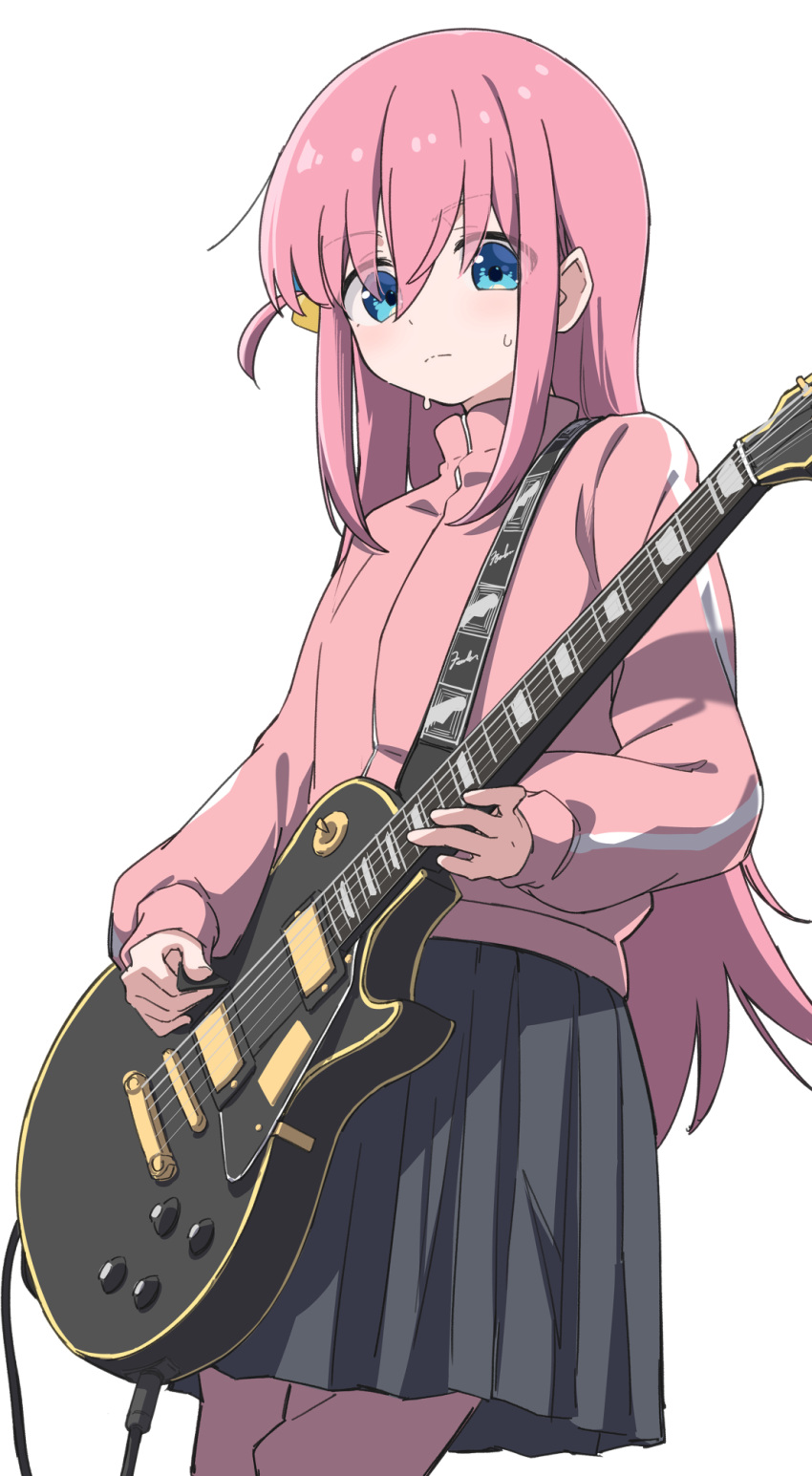 1girl blue_eyes bocchi_the_rock! cube_hair_ornament electric_guitar gotou_hitori guitar hair_between_eyes hair_ornament hair_over_eyes highres holding holding_instrument instrument jacket jersey long_hair music namaonpa pants pants_under_skirt pink_hair pink_jacket pink_pants pink_track_suit playing_instrument plectrum simple_background solo track_jacket