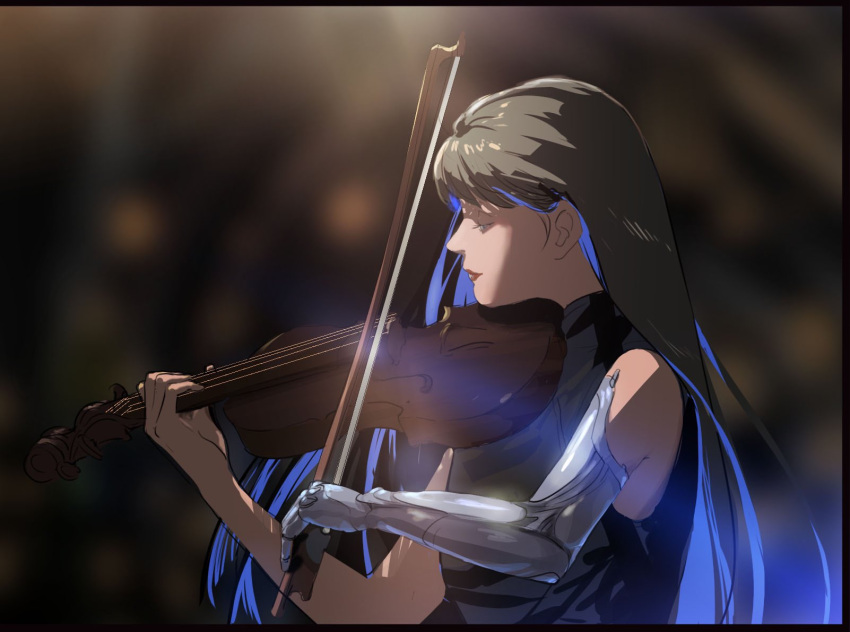 1girl bangs black_border blue_eyes blue_hair border gundam gundam_suisei_no_majo hair_behind_ear highres instrument lin_junbun long_hair looking_down mechanical_arms multicolored_hair music playing_instrument red_lips single_mechanical_arm solo streaked_hair very_long_hair violin