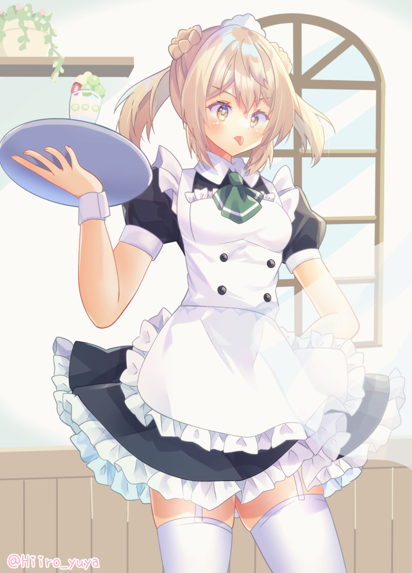 1girl alternate_costume apron ascot black_dress brown_hair cowboy_shot double_bun dress enmaided frilled_apron frilled_dress frills garter_straps green_ascot hair_bun highres hiiro_yuya kantai_collection light_brown_hair maid maid_headdress michishio_(kancolle) short_hair short_twintails solo thigh-highs tongue tongue_out tray twintails waitress white_apron white_thighhighs window yellow_eyes