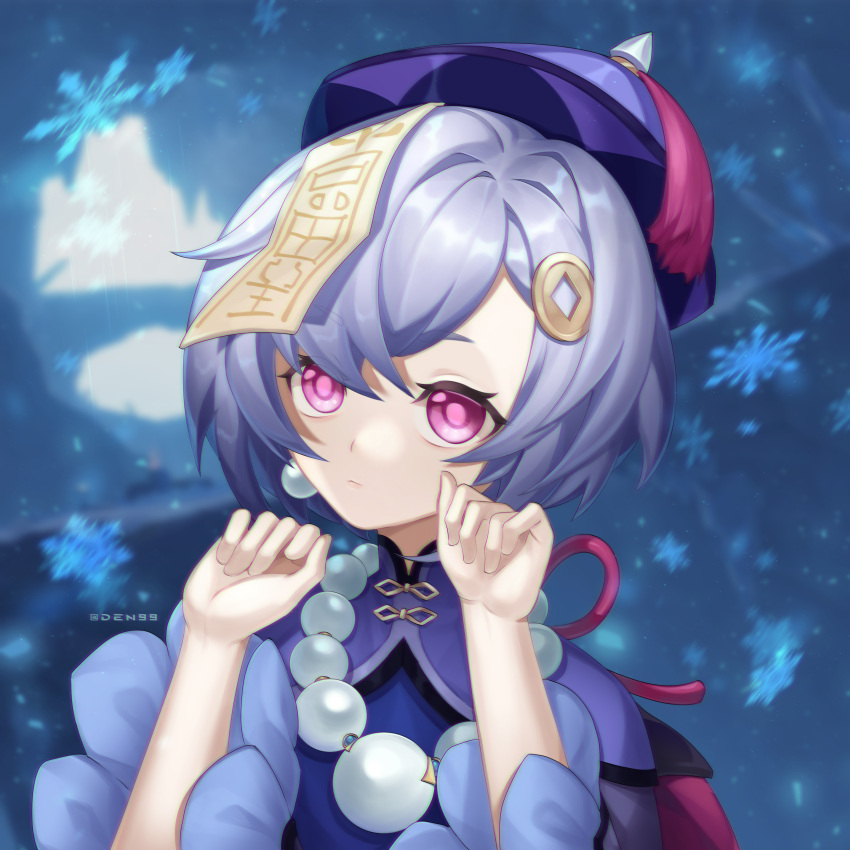1girl absurdres bangs bead_necklace beads blurry chinese_clothes coin_hair_ornament commentary den99 depth_of_field earrings genshin_impact hair_between_eyes hair_ornament head_tilt highres ice_crystal jewelry jiangshi long_hair long_sleeves looking_at_viewer low_ponytail necklace ofuda purple_hair qiqi_(genshin_impact) sidelocks solo violet_eyes