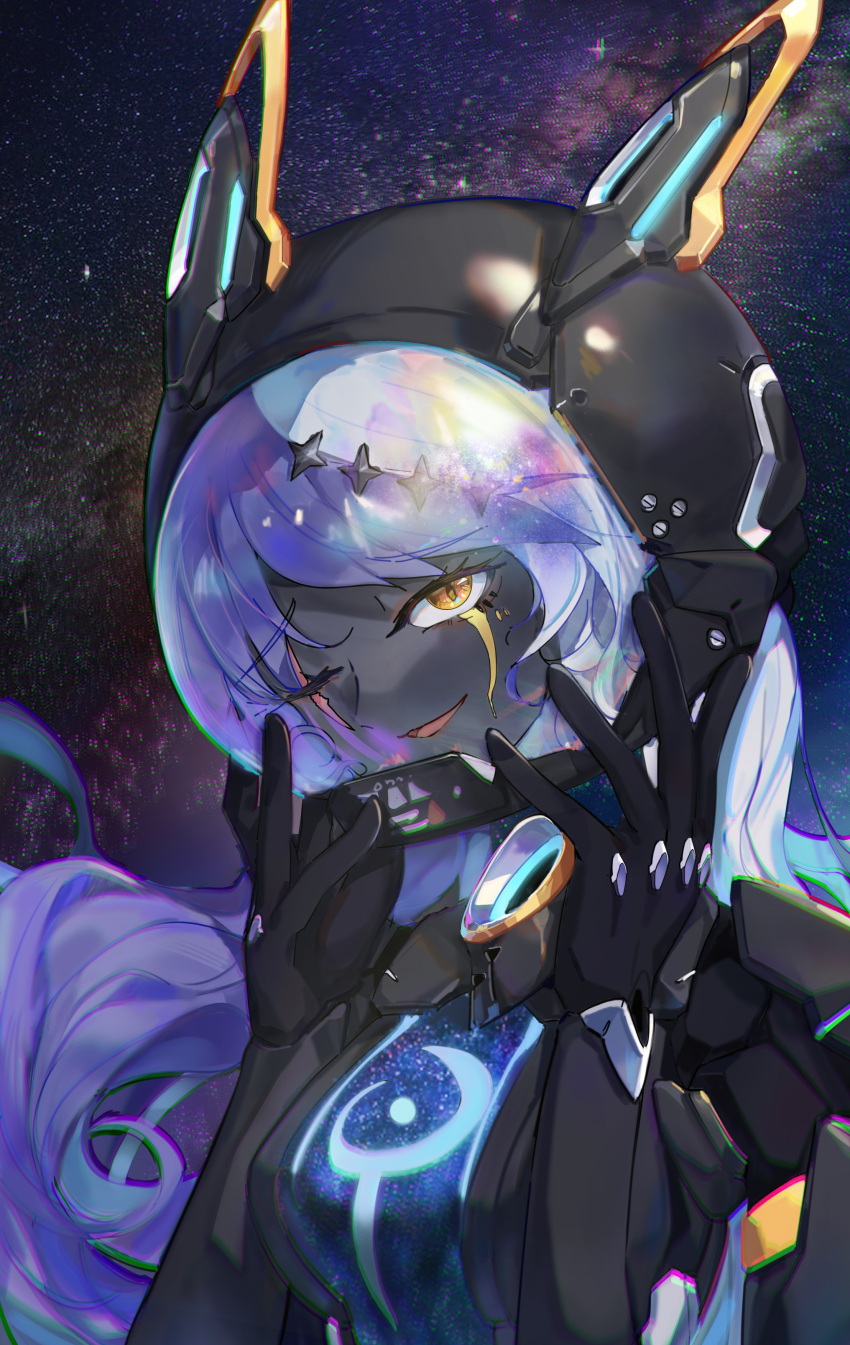 1girl absurdres android black_skin blue_hair chromatic_aberration colored_skin commentary_request facial_mark helmet highres miyano_haruto multicolored_hair one_eye_closed original parted_lips scar scar_across_eye science_fiction solo two-tone_hair white_hair yellow_eyes