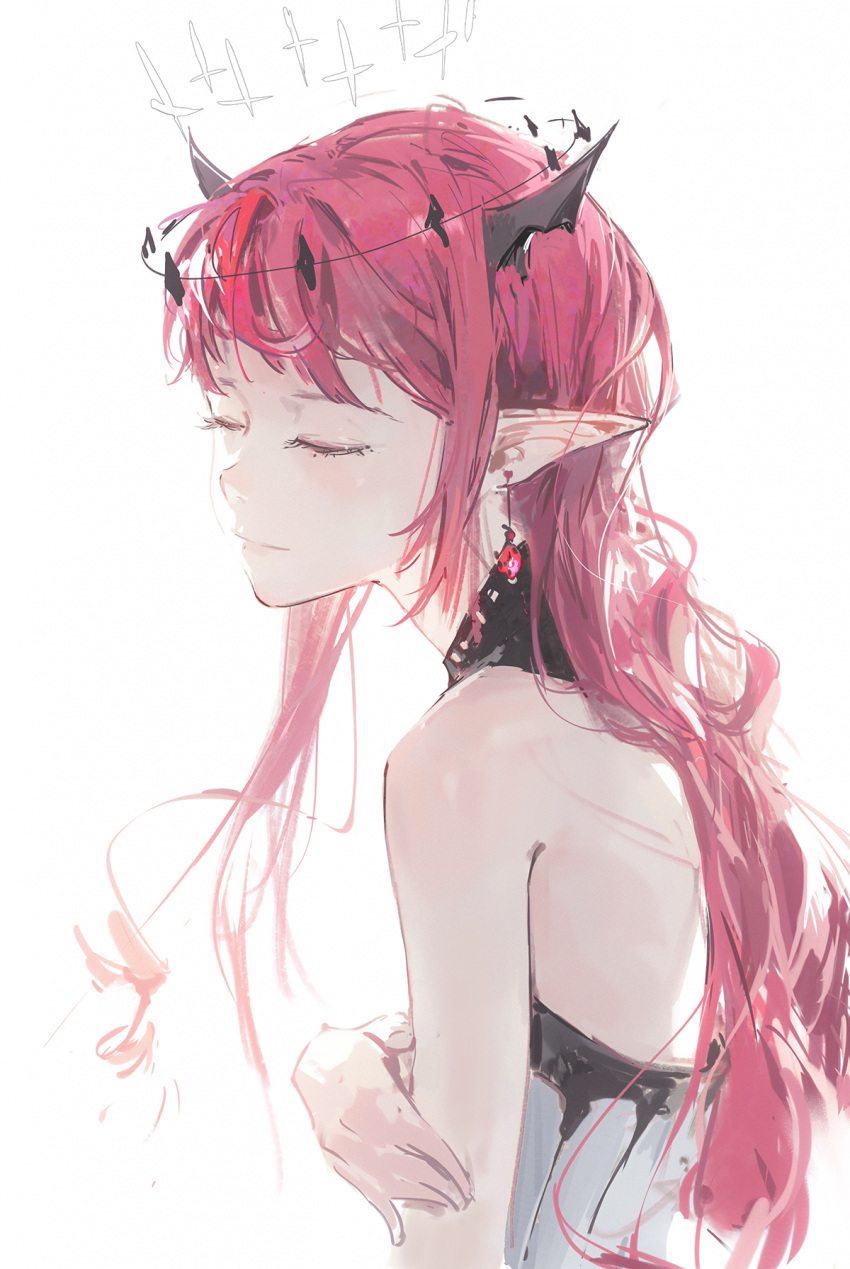 1girl bangs closed_eyes closed_mouth demon_horns dino_(dinoartforame) dress earrings halo highres hololive hololive_english horns irys_(hololive) jewelry long_hair pink_hair pointy_ears simple_background sleeveless sleeveless_dress solo upper_body virtual_youtuber white_background white_dress