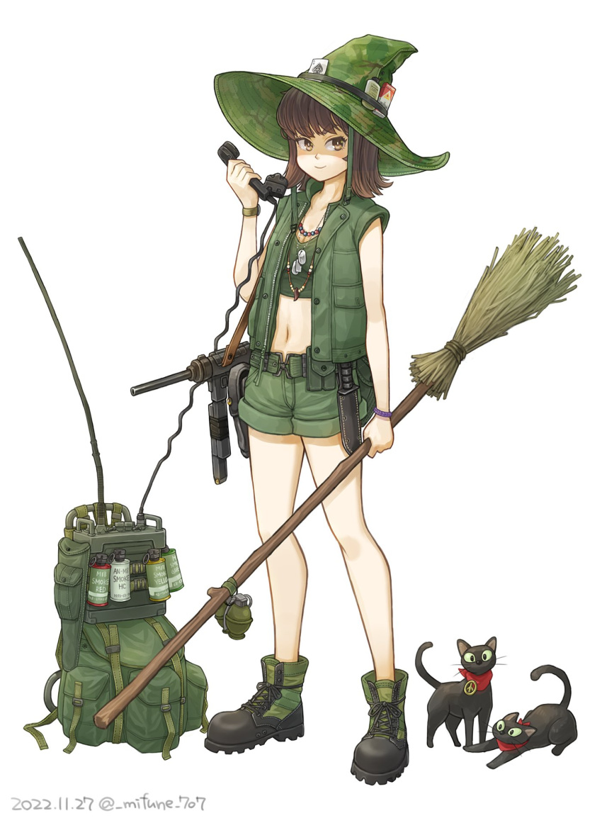 1girl ace_of_spades backpack bag boots broom brown_eyes brown_hair camouflage cat cigarette_pack combat_boots combat_knife dated dog_tags explosive green_headwear green_jacket green_shirt green_shorts grenade gun highres holding holding_broom jacket jewelry jungle_style knife m18_grenade m26_(frag_grenade) m3_submachine_gun midriff mifune_(_mifune_707) military military_uniform necklace original product_placement radio shirt shorts smile smoke_grenade solo spade_(shape) submachine_gun twitter_username uniform vietnam_war weapon white_background witch