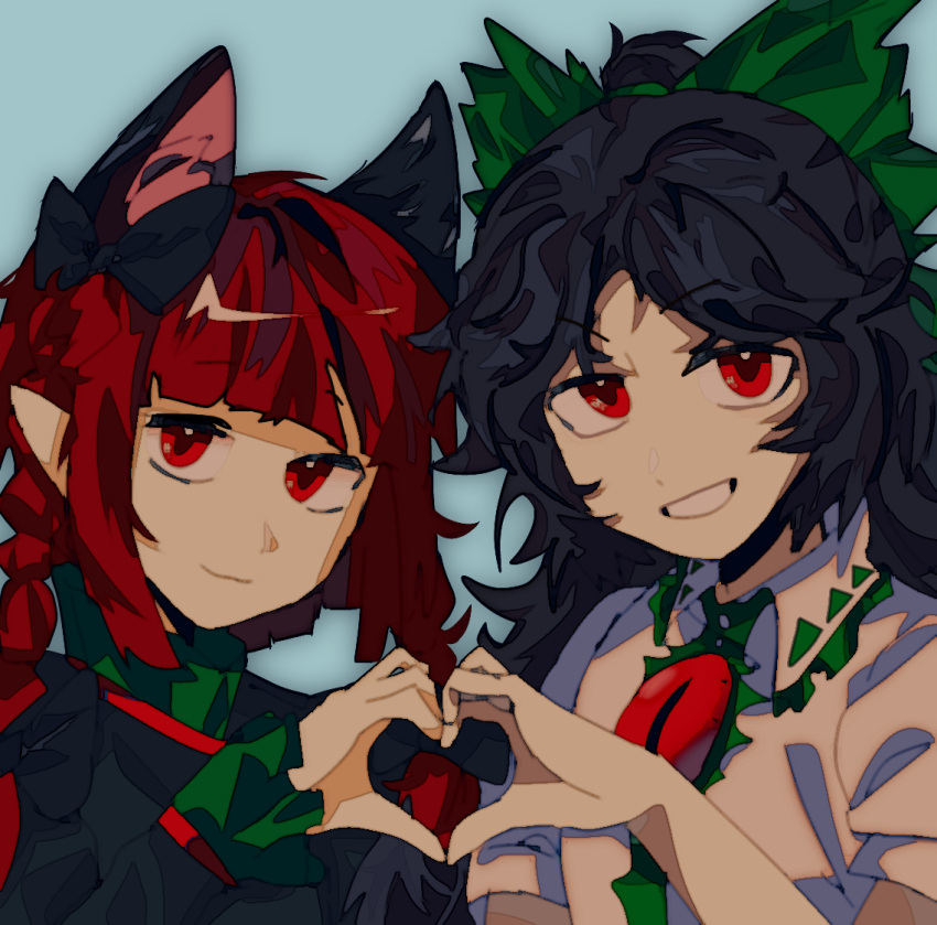 2girls :3 animal_ears bangs black_hair black_shirt braid cat_ears cat_girl chinese_commentary closed_mouth collared_shirt commentary_request frilled_shirt_collar frills grin hailing29396 heart heart_hands heart_hands_duo kaenbyou_rin light_blue_background long_hair long_sleeves multiple_girls red_eyes redhead reiuji_utsuho shirt short_sleeves simple_background smile touhou twin_braids white_shirt