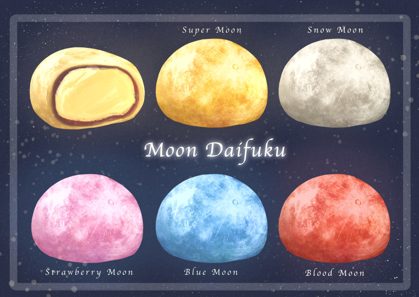 absurdres blue_background border commentary_request cross-section daifuku english_commentary english_text food food_focus highres mixed-language_commentary moon no_humans original still_life uroko_(rwde4544)