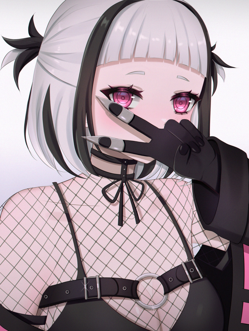 1girl absurdres belt black_gloves black_hair bra covered_mouth covering_mouth fishnet_top fishnets gloves gradient gradient_background hand_on_own_face hand_to_own_mouth highres jacket jewelry necklace neon_kuroyuri neon_kuroyuri_(artist) open_clothes open_jacket pink_eyes underwear upper_body v virtual_youtuber wactor_production white_hair