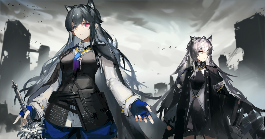 2girls absurdres animal_ears arknights bangs belt black_coat black_hair black_vest blue_gloves blue_necktie buttons clouds cloudy_sky coat coat_on_shoulders collared_shirt cowboy_shot fingerless_gloves gloves highres holding holding_sword holding_weapon lappland_(arknights) lappland_(refined_horrormare)_(arknights) long_hair long_sleeves looking_at_viewer looking_to_the_side mkt_(pixiv15187870) multiple_girls necktie official_alternate_costume open_clothes open_coat parted_lips pouch red_eyes shirt sky standing sword texas_(arknights) texas_the_omertosa_(arknights) vest weapon white_hair white_shirt wolf_ears wolf_girl