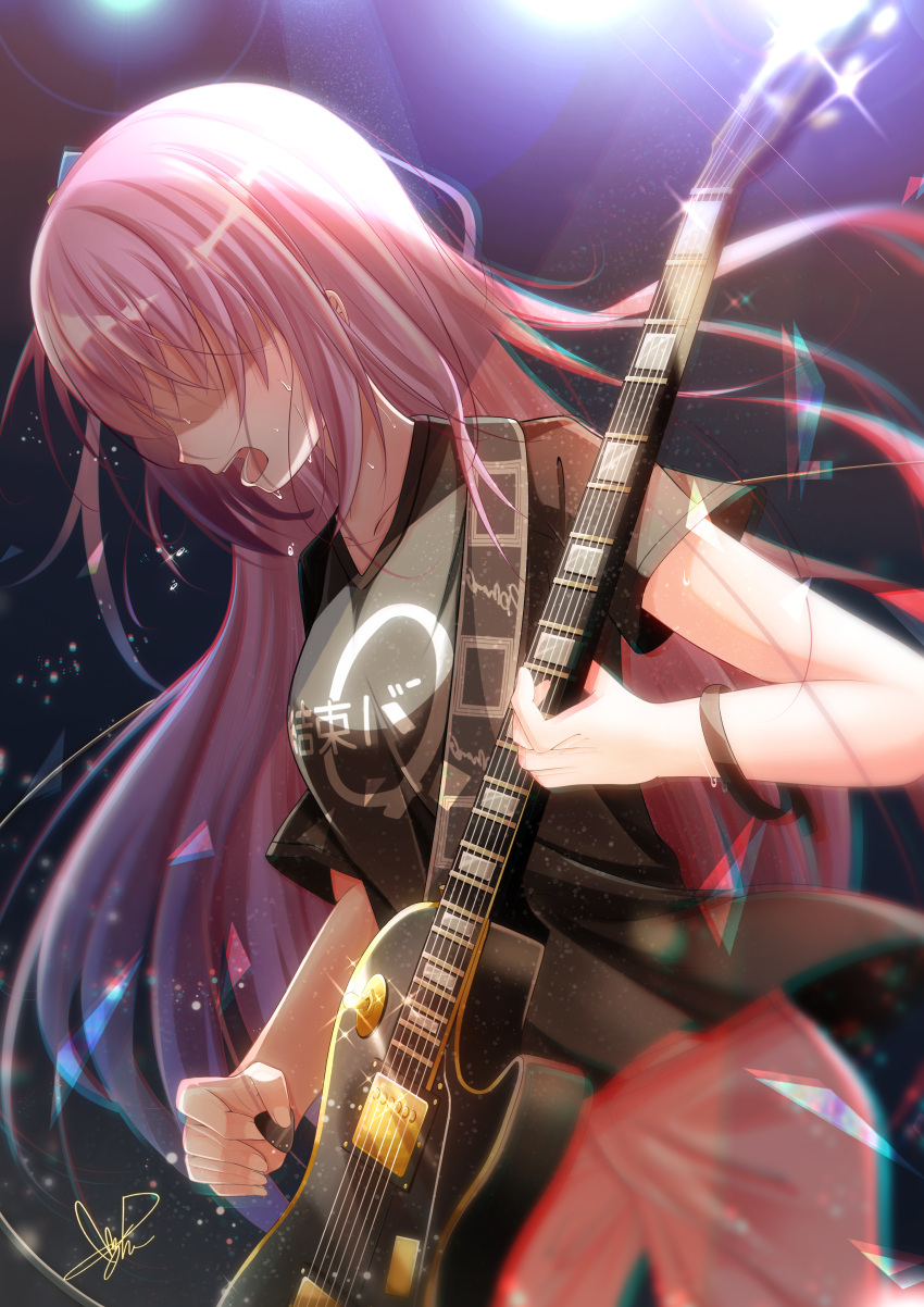 1girl absurdres bangs bocchi_the_rock! bracelet electric_guitar gibson_les_paul gotou_hitori guitar hair_between_eyes hair_over_eyes highres holding holding_instrument instrument jewelry long_hair masanohe_(etoileair) music one_side_up open_mouth pants pink_hair pink_pants playing_instrument shaded_face solo track_pants