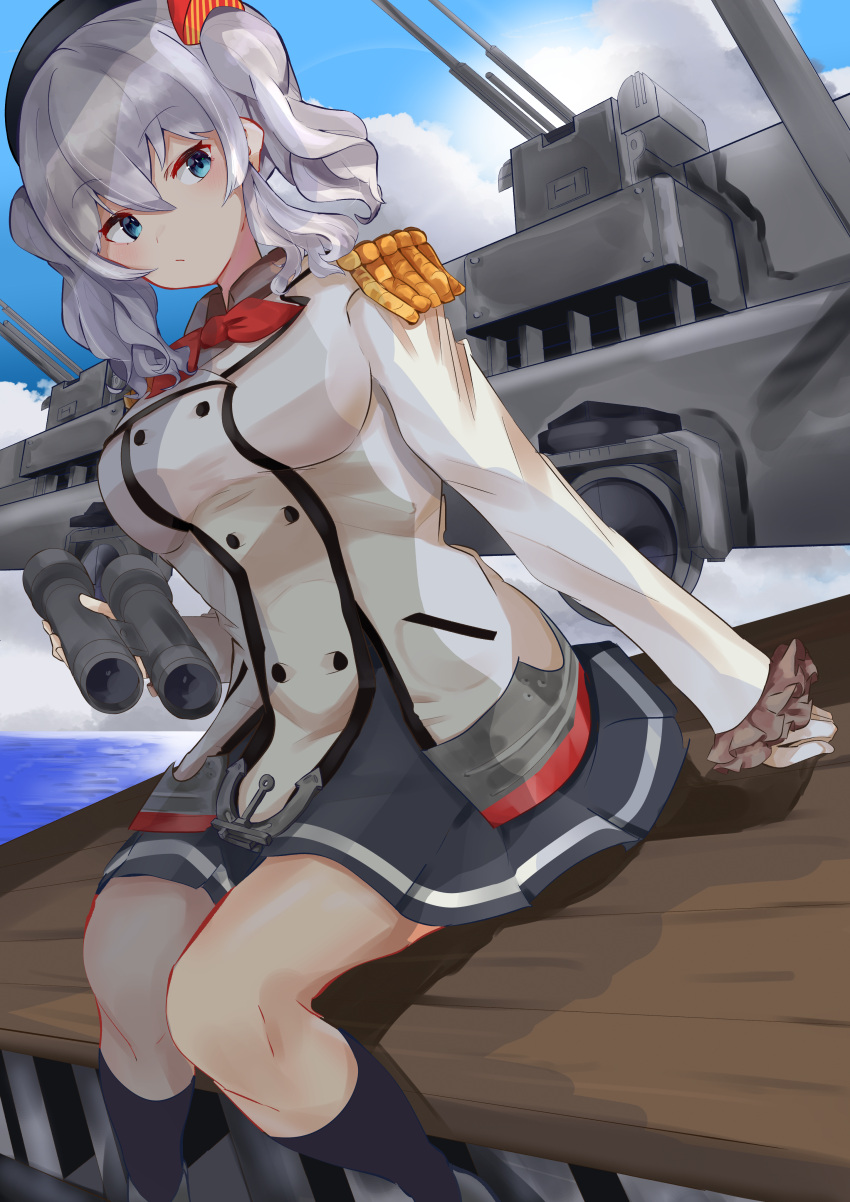 1girl absurdres bangs black_skirt black_socks blue_eyes blue_sky bow bowtie breasts cannon closed_mouth clouds cloudy_sky gloves grey_hair h-yasui highres jacket kantai_collection kashima_(kancolle) large_breasts long_hair long_sleeves looking_at_viewer military military_uniform red_bow red_bowtie sitting skirt sky socks solo twintails uniform water white_gloves white_jacket